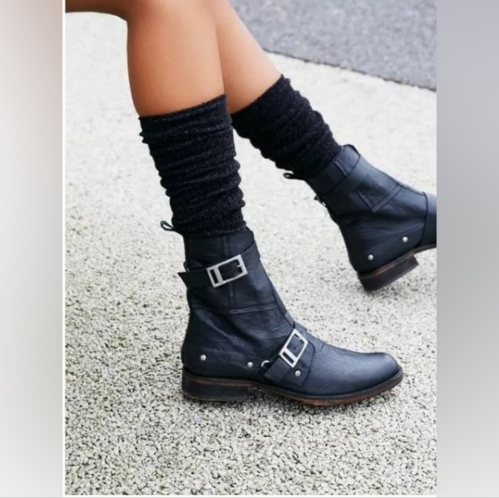 Free People Outsider EUC Black Leather Moto Boots with Buckles